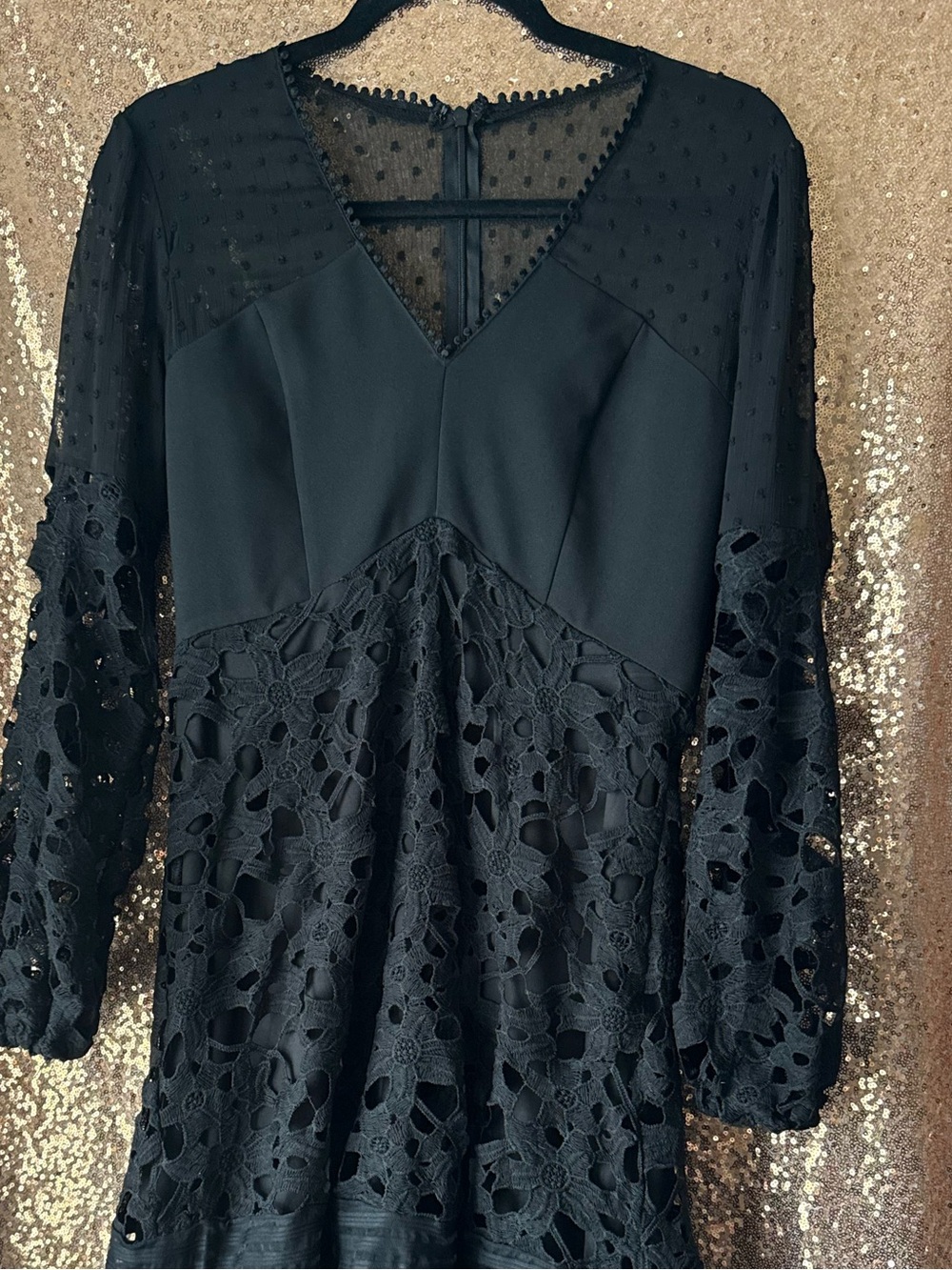 Black Lace Panel V-Neck Women's Dress
